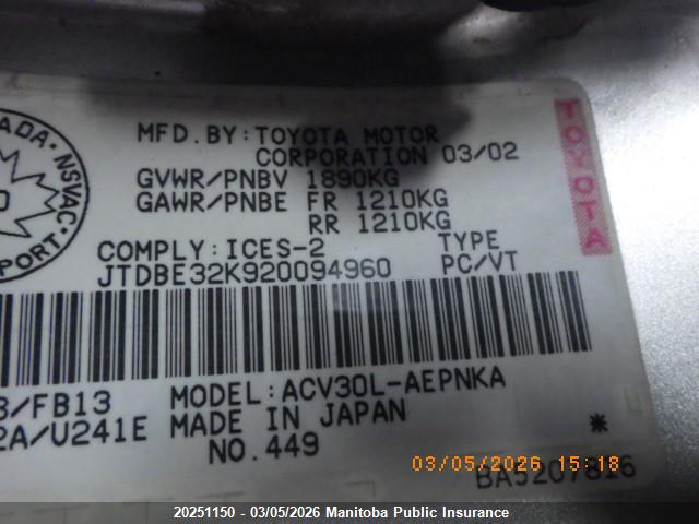 Aukcja sprzedaży 2002 Toyota Camry Ce, vin: JTDBE32K920094960, numer aukcji: 20251150