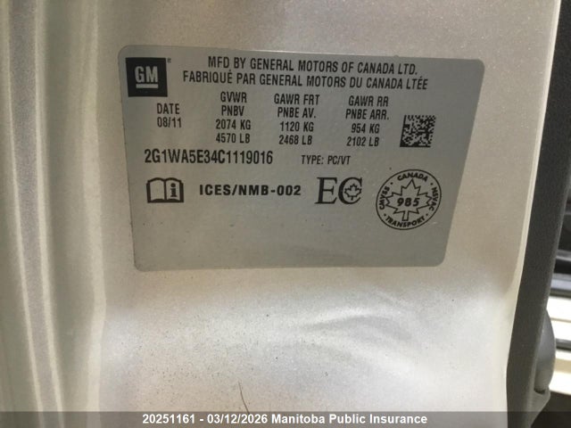 Aukcja sprzedaży 2012 Chevrolet Impala Ls V6, vin: 2G1WA5E34C1119016, numer aukcji: 20251161