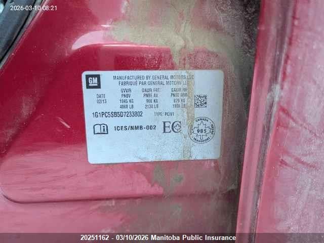 Aukcja sprzedaży 2013 Chevrolet Cruze Lt Turbo, vin: 1G1PC5SB5D7233802, numer aukcji: 20251162