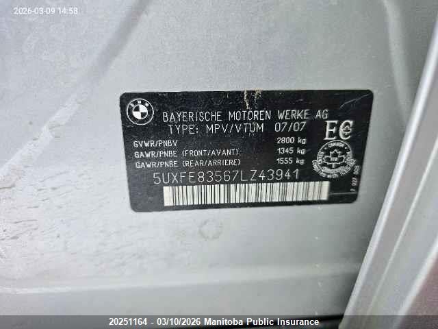 20251164 :رقم المزاد ، 5UXFE83567LZ43941 vin ، 2007 Bmw X5 4.8i مزاد بيع