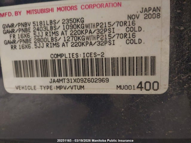 Auction sale of the 2009 Mitsubishi Outlander Ls, vin: JA4MT31X09Z602969, lot number: 20251165