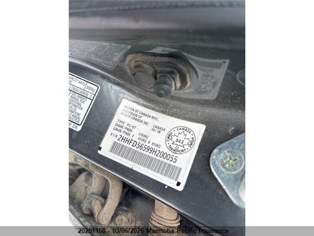 2009 Acura Csx მანქანა იყიდება აუქციონზე, vin: 2HHFD56599H200055, აუქციონის ნომერი: 20251168