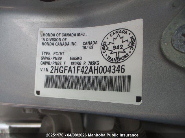 Продаж на аукціоні авто 2010 Honda Civic Dx-g, vin: 2HGFA1F42AH004346, номер лоту: 20251170