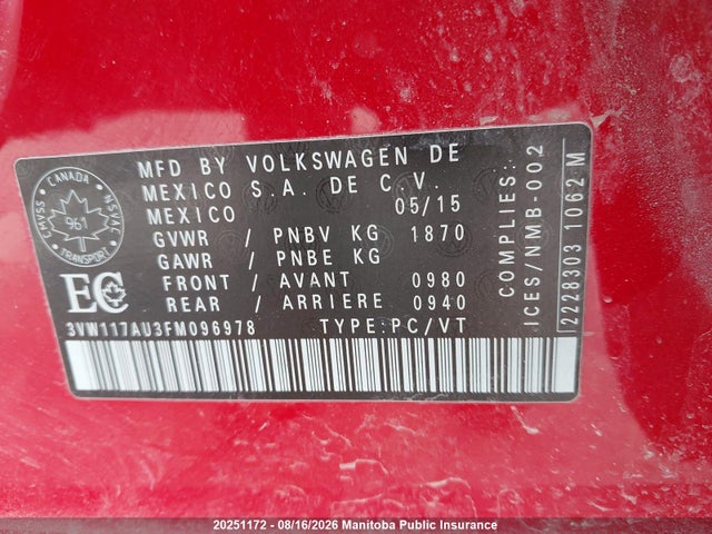 Продаж на аукціоні авто 2015 Volkswagen Golf 1.8 Tsi, vin: 3VW117AU3FM096978, номер лоту: 20251172