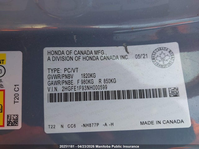 2HGFE1F93NH000599 Honda Civic Touring
