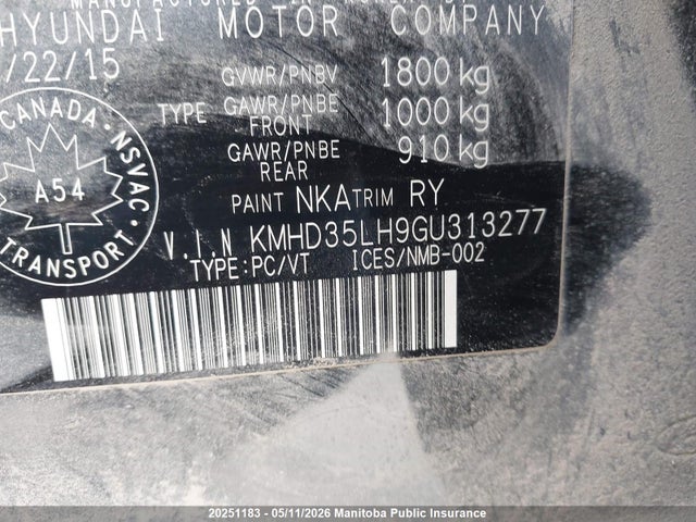 KMHD35LH9GU313277 Hyundai Elantra Gt Gls