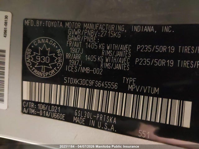 5TDXK3DC9FS645556 Toyota Sienna Se V6