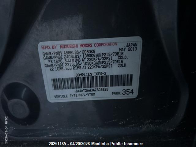 Продажа на аукционе авто 2010 Mitsubishi Outlander Es, vin: JA4AT2AW3AZ608628, номер лота: 20251185