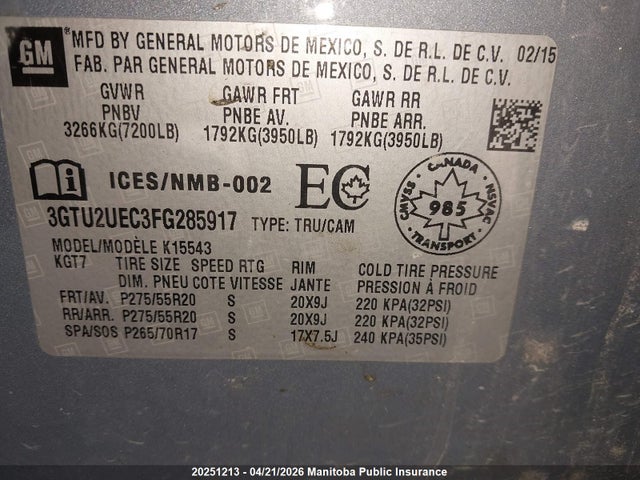 3GTU2UEC3FG285917 GMC Sierra 1500 Sle Crew Cab
