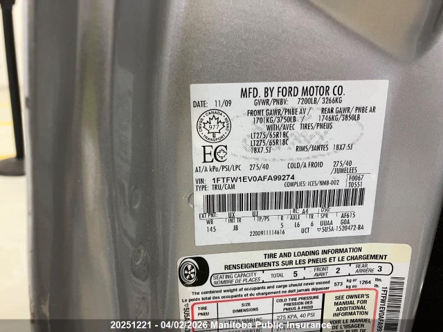 20251221 :رقم المزاد ، 1FTFW1EV0AFA99274 vin ، 2010 Ford F150 Fx4 Supercrew مزاد بيع