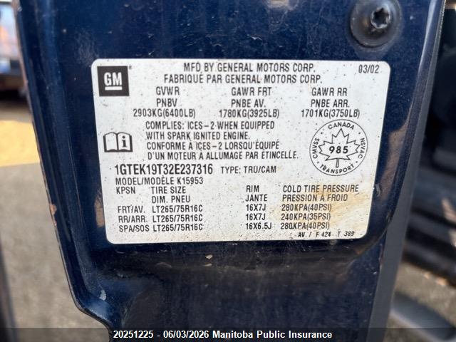 2002 Gmc Sierra 1500 Ext Cab მანქანა იყიდება აუქციონზე, vin: 1GTEK19T32E237316, აუქციონის ნომერი: 20251225