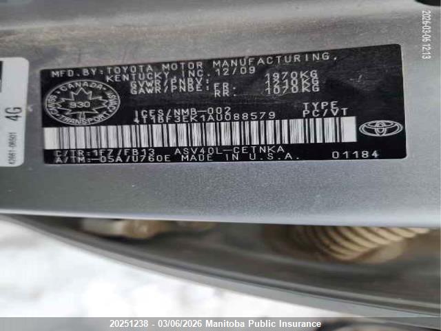 20251238 :رقم المزاد ، 4T1BF3EK1AU088579 vin ، 2010 Toyota Camry مزاد بيع
