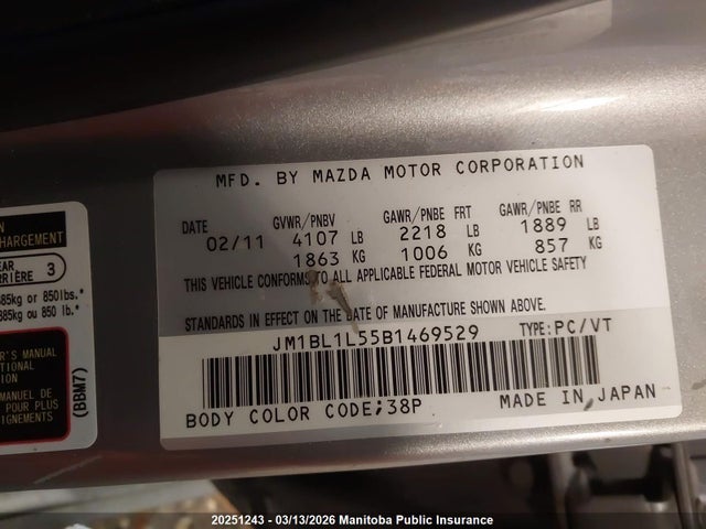 Продажа на аукционе авто 2011 Mazda Mazda3 Sport Gs, vin: JM1BL1L55B1469529, номер лота: 20251243