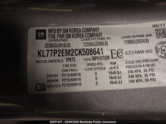 Продажа на аукционе авто 2012 Chevrolet Orlando Lt, vin: KL77P2EM2CK508641, номер лота: 20251247