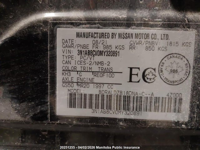 3N1AB8CV0MY320891 Nissan Sentra 2.0 Sv