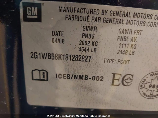 Aukcja sprzedaży 2008 Chevrolet Impala Ls V6, vin: 2G1WB58K181282827, numer aukcji: 20251264