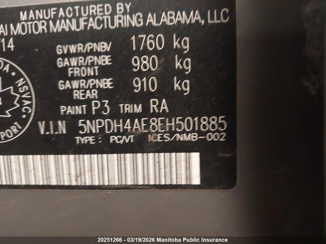 5NPDH4AE8EH501885 Hyundai ELANTRA GL