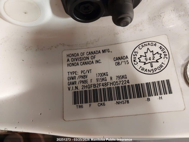 20251273 :رقم المزاد ، 2HGFB2F48FH057224 vin ، 2015 Honda Civic Lx مزاد بيع