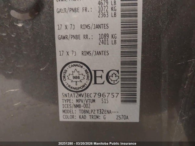 20251280 :رقم المزاد ، 5N1AT2MV3EC796757 vin ، 2014 Nissan Rogue S مزاد بيع
