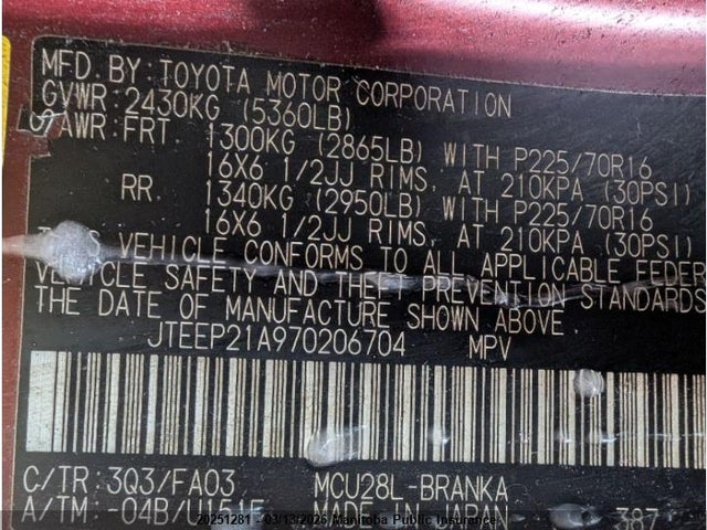 20251281 :رقم المزاد ، JTEEP21A970206704 vin ، 2007 Toyota Highlander Limited V6 مزاد بيع