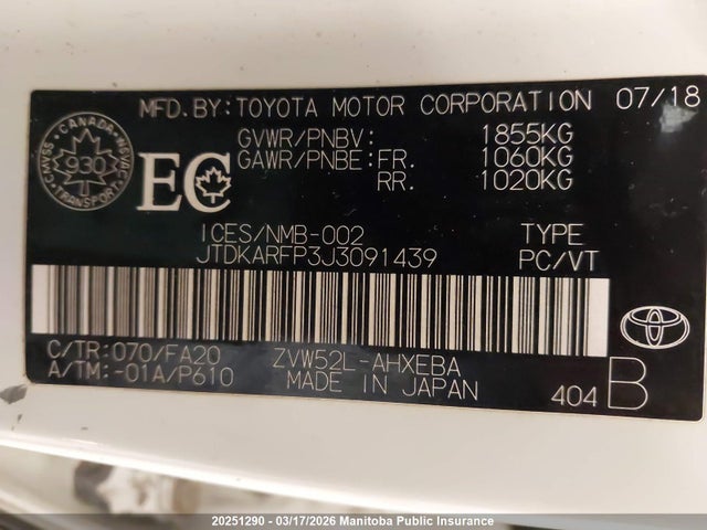 20251290 :رقم المزاد ، JTDKARFP3J3091439 vin ، 2018 Toyota Prius Prime مزاد بيع
