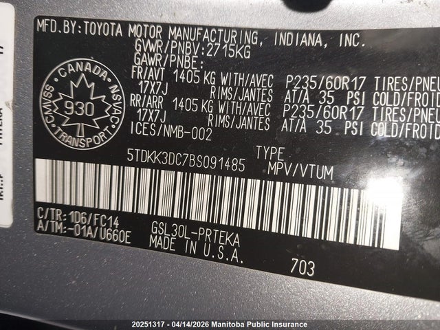 2011 Toyota Sienna Ce V6 მანქანა იყიდება აუქციონზე, vin: 5TDKK3DC7BS091485, აუქციონის ნომერი: 20251317