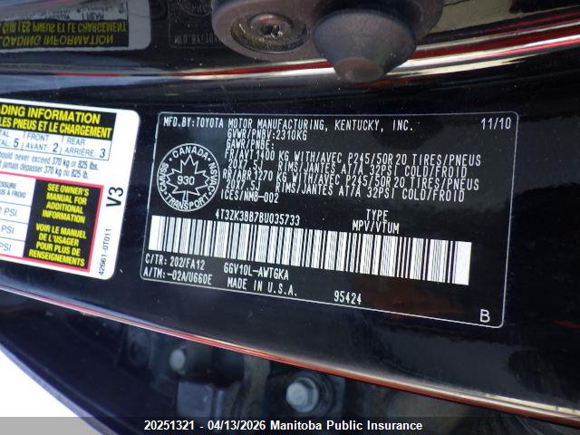 2011 Toyota Venza V6 მანქანა იყიდება აუქციონზე, vin: 4T3ZK3BB7BU035733, აუქციონის ნომერი: 20251321