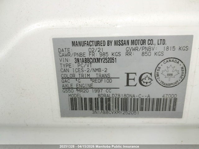 3N1AB8CVXMY252051 Nissan Sentra 2.0 S