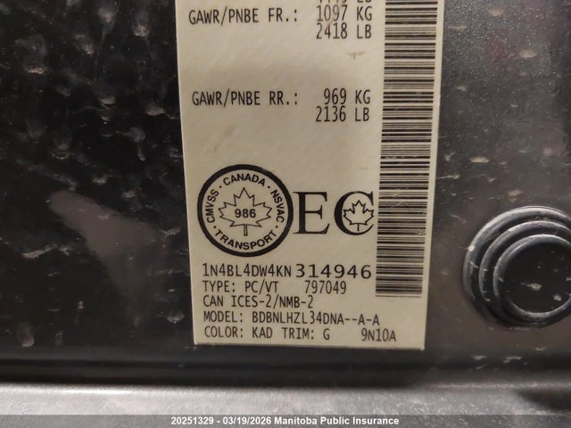 20251329 :رقم المزاد ، 1N4BL4DW4KN314946 vin ، 2019 Nissan Altima 2.5 Sv مزاد بيع