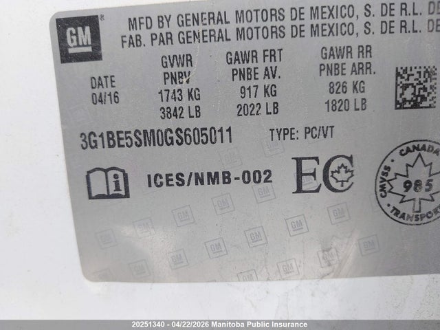 3G1BE5SM0GS605011 Chevrolet Cruze Lt Turbo