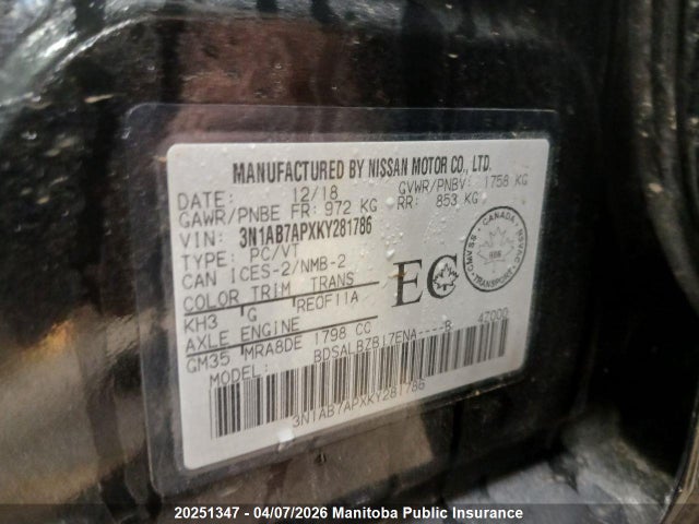 3N1AB7APXKY281786 Nissan Sentra 1.8 S