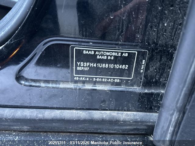 20251351 :رقم المزاد ، YS3FH41U681010462 vin ، 2008 Saab 9-3 Aero مزاد بيع