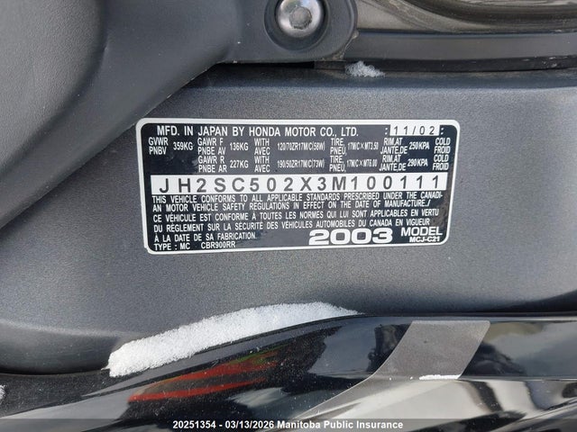 Продаж на аукціоні авто 2003 Honda Cbr954rr, vin: JH2SC502X3M100111, номер лоту: 20251354