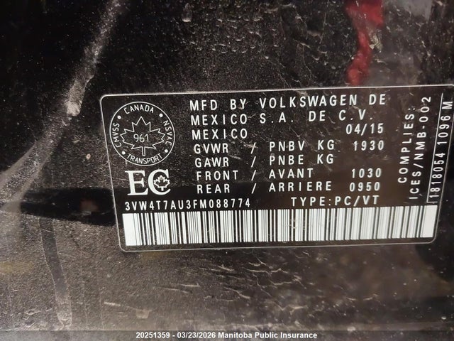 20251359 :رقم المزاد ، 3VW4T7AU3FM088774 vin ، 2015 Volkswagen Gti 2.0t مزاد بيع
