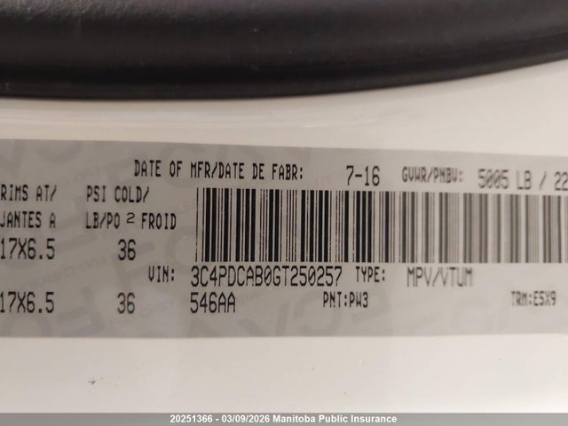 3C4PDCAB0GT250257 Dodge JOURNEY SE
