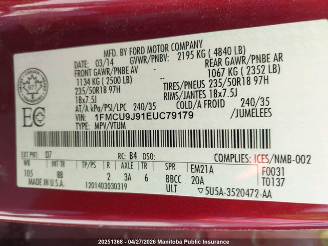 2014 Ford Escape Titanium მანქანა იყიდება აუქციონზე, vin: 1FMCU9J91EUC79179, აუქციონის ნომერი: 20251368