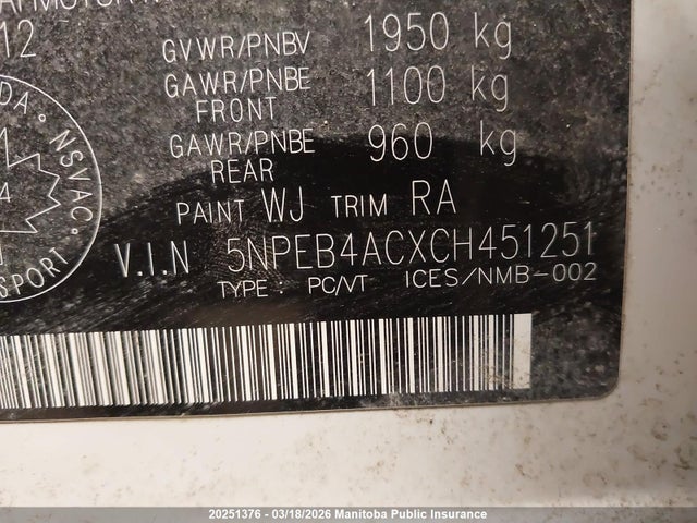 Продаж на аукціоні авто 2012 Hyundai Sonata Gls, vin: 5NPEB4ACXCH451251, номер лоту: 20251376