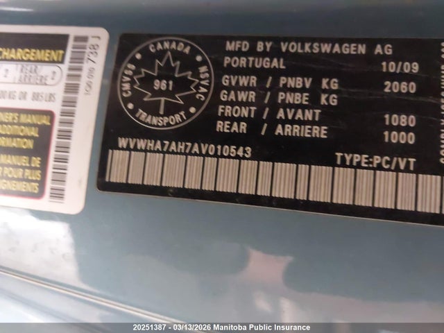 20251387 :رقم المزاد ، WVWHA7AH7AV010543 vin ، 2010 Volkswagen Eos 2.0t مزاد بيع