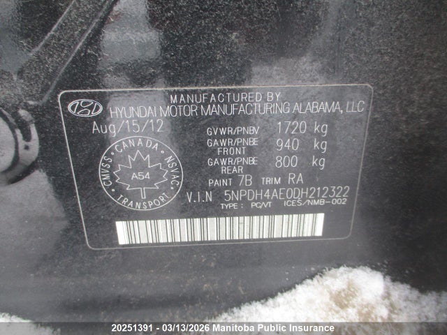 20251391 :رقم المزاد ، 5NPDH4AE0DH212322 vin ، 2013 Hyundai Elantra Gls مزاد بيع