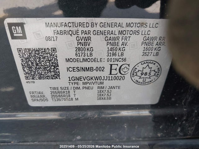 Продажа на аукционе авто 2018 Chevrolet Traverse Lt, vin: 1GNEVGKW0JJ110020, номер лота: 20251409