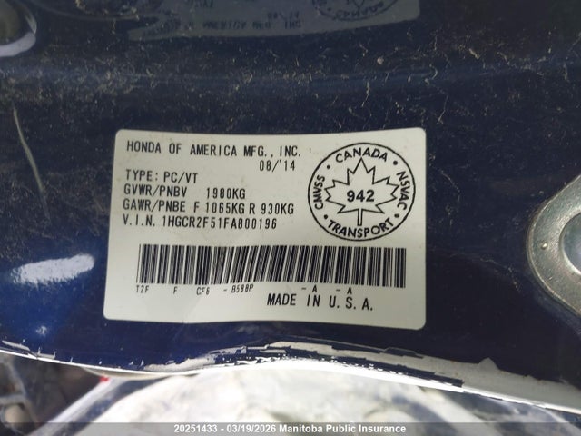 Aukcja sprzedaży 2015 Honda Accord Sport, vin: 1HGCR2F51FA800196, numer aukcji: 20251433