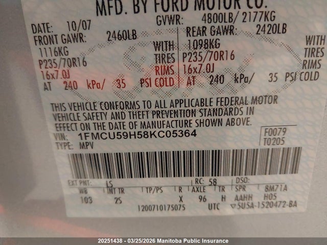 2008 Ford Escape Hybrid Hybrid მანქანა იყიდება აუქციონზე, vin: 1FMCU59H58KC05364, აუქციონის ნომერი: 20251438