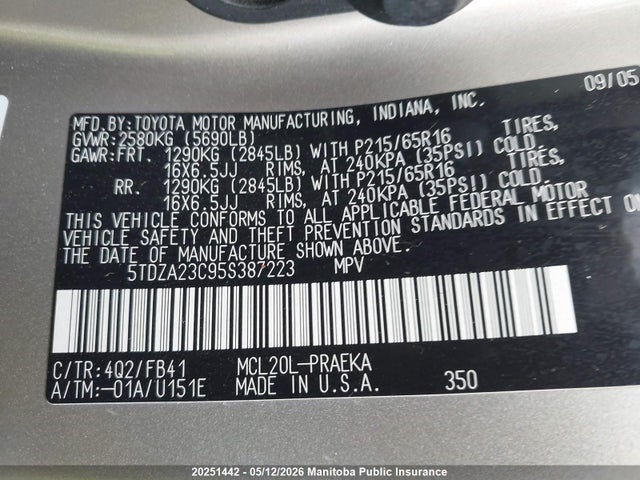 20251442 :رقم المزاد ، 5TDZA23C95S387223 vin ، 2005 Toyota Sienna Le V6 مزاد بيع