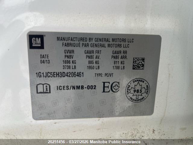 Aukcja sprzedaży 2013 Chevrolet Sonic Lt, vin: 1G1JC5EH3D4206461, numer aukcji: 20251456