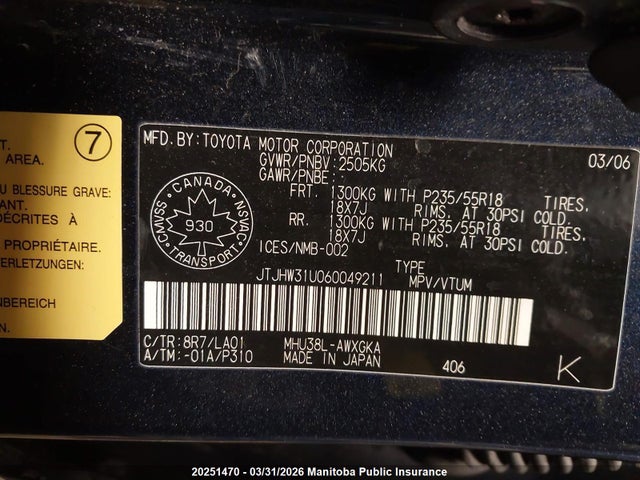 Aukcja sprzedaży 2006 Lexus Rx400h, vin: JTJHW31U060049211, numer aukcji: 20251470