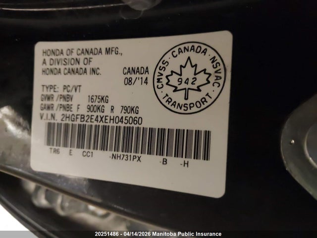 Продаж на аукціоні авто 2014 Honda Civic Lx, vin: 2HGFB2E4XEH045060, номер лоту: 20251486