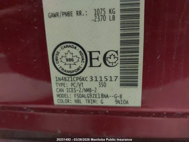 1N4BZ1CP6KC311517 Nissan Leaf Sl