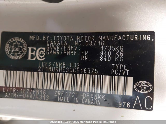 Aukcja sprzedaży 2016 Toyota Corolla Le, vin: 2T1BURHE3GC646375, numer aukcji: 20251494