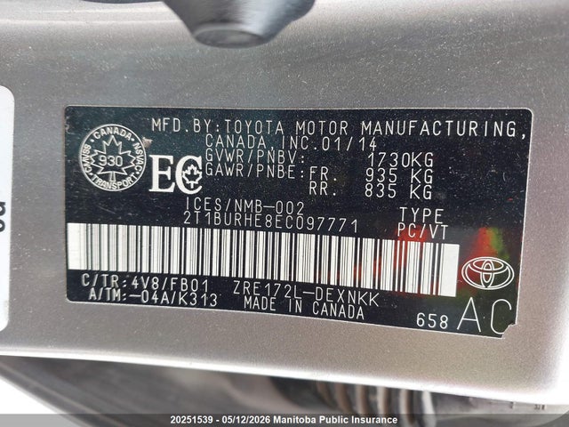 20251539 :رقم المزاد ، 2T1BURHE8EC097771 vin ، 2014 Toyota Corolla Le مزاد بيع