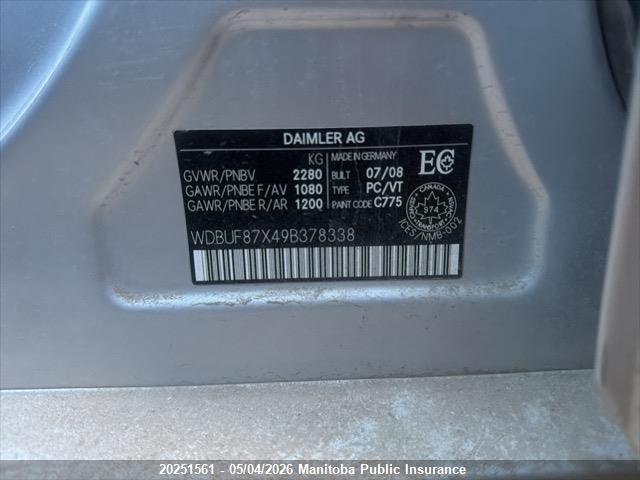 20251561 :رقم المزاد ، WDBUF87X49B378338 vin ، 2009 Mercedes Benz E350 4matic مزاد بيع